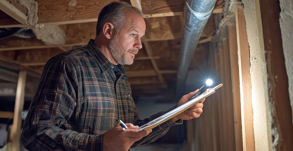 Professional home inspector examining basement foundation wall with flashlight in older Ottawa home