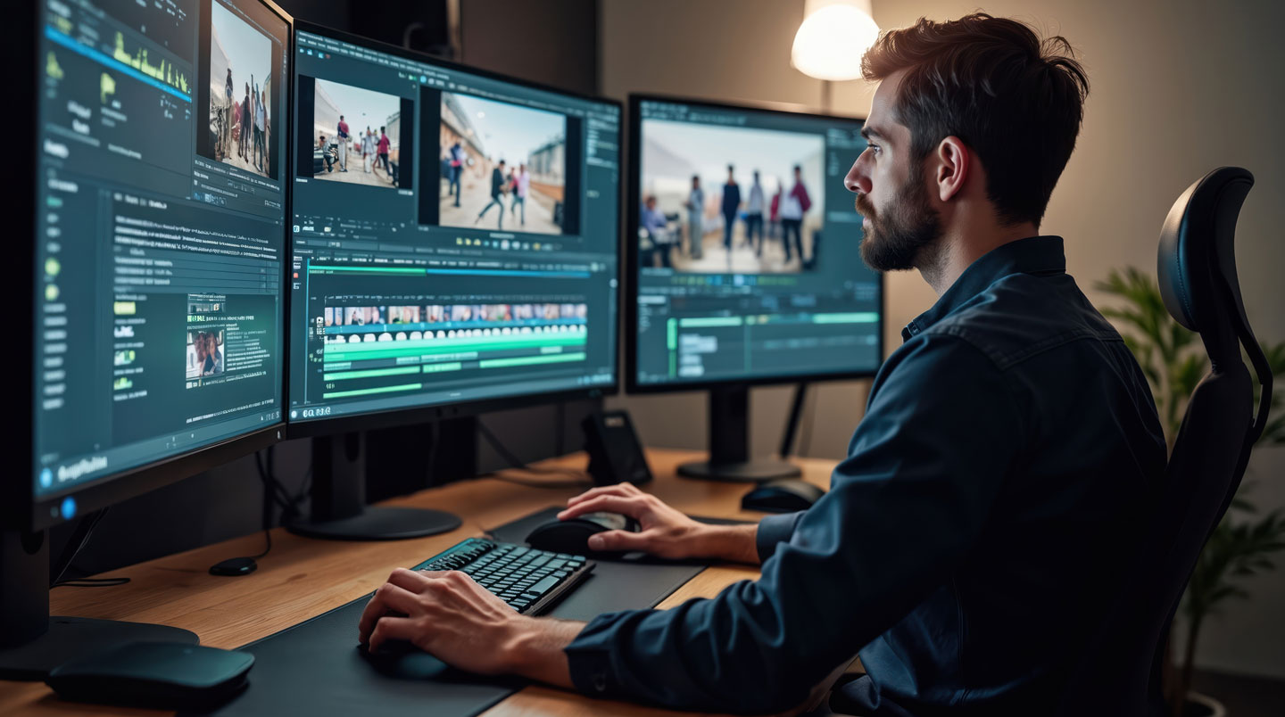 Extreme close-up of hands using a computer mouse and keyboard, with a blurred video editing software timeline interface visible on the monitor