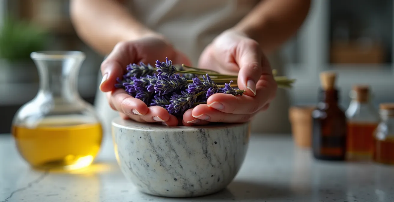 Close-up of a pharmacist's hands examining dried herbs with scientific equipment in background