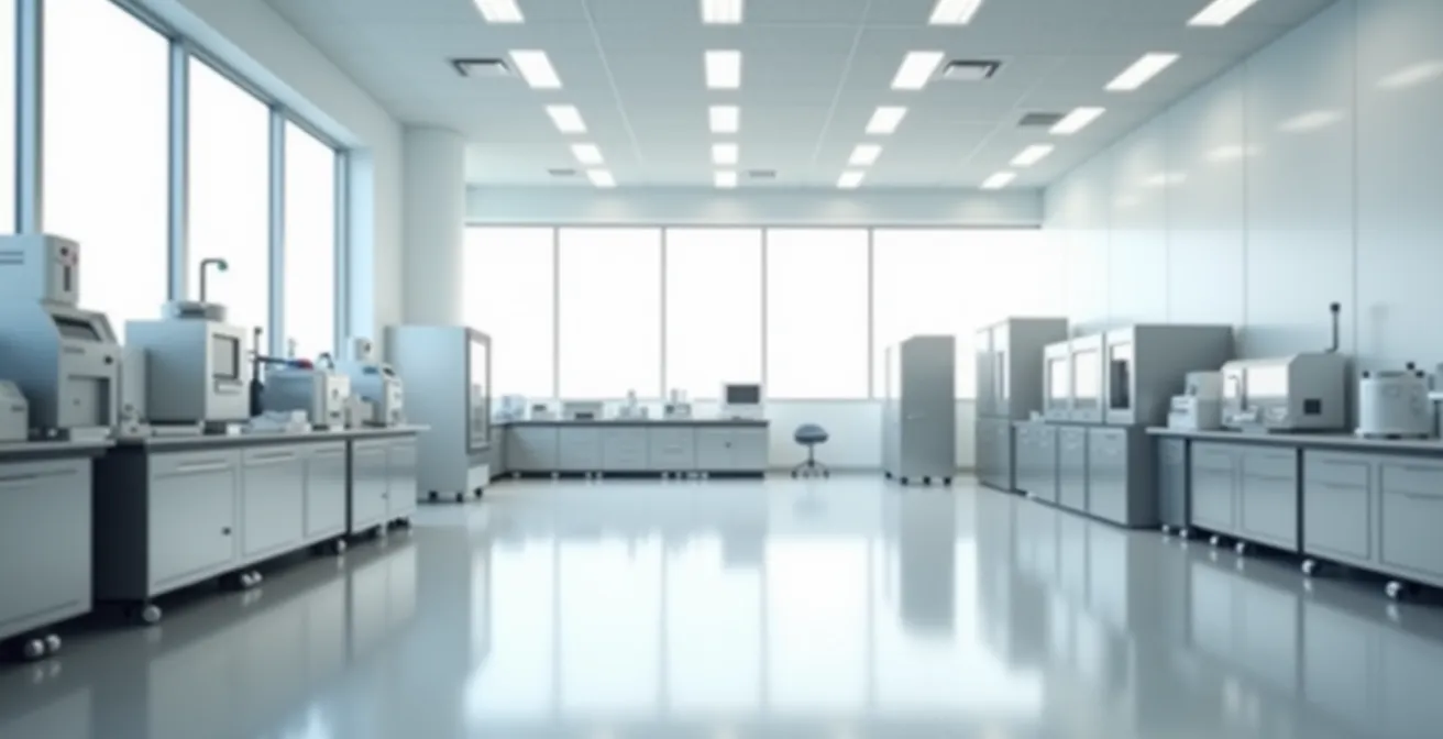Minimalist pharmacy laboratory space showcasing quality control processes