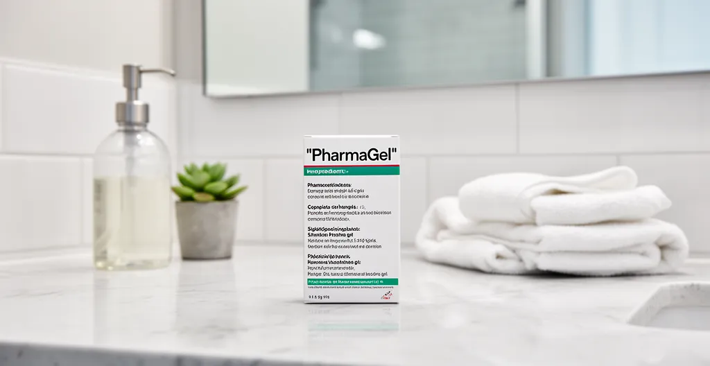 Pharmaceutical gel product on modern bathroom counter with toiletries