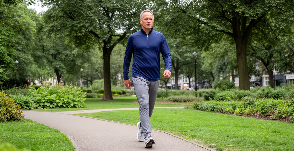 Middle-aged man walking briskly through urban park with trees visible