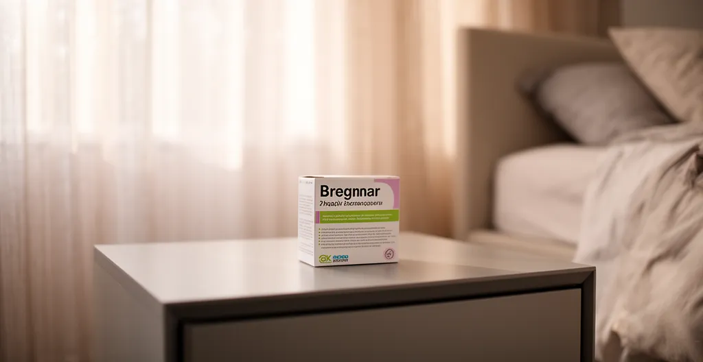 Pharmaceutical product box on modern bedside table in bedroom setting