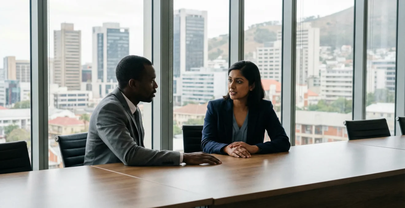 Two professionals discussing executive search strategy in modern African office with city skyline