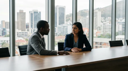 Two professionals discussing executive search strategy in modern African office with city skyline