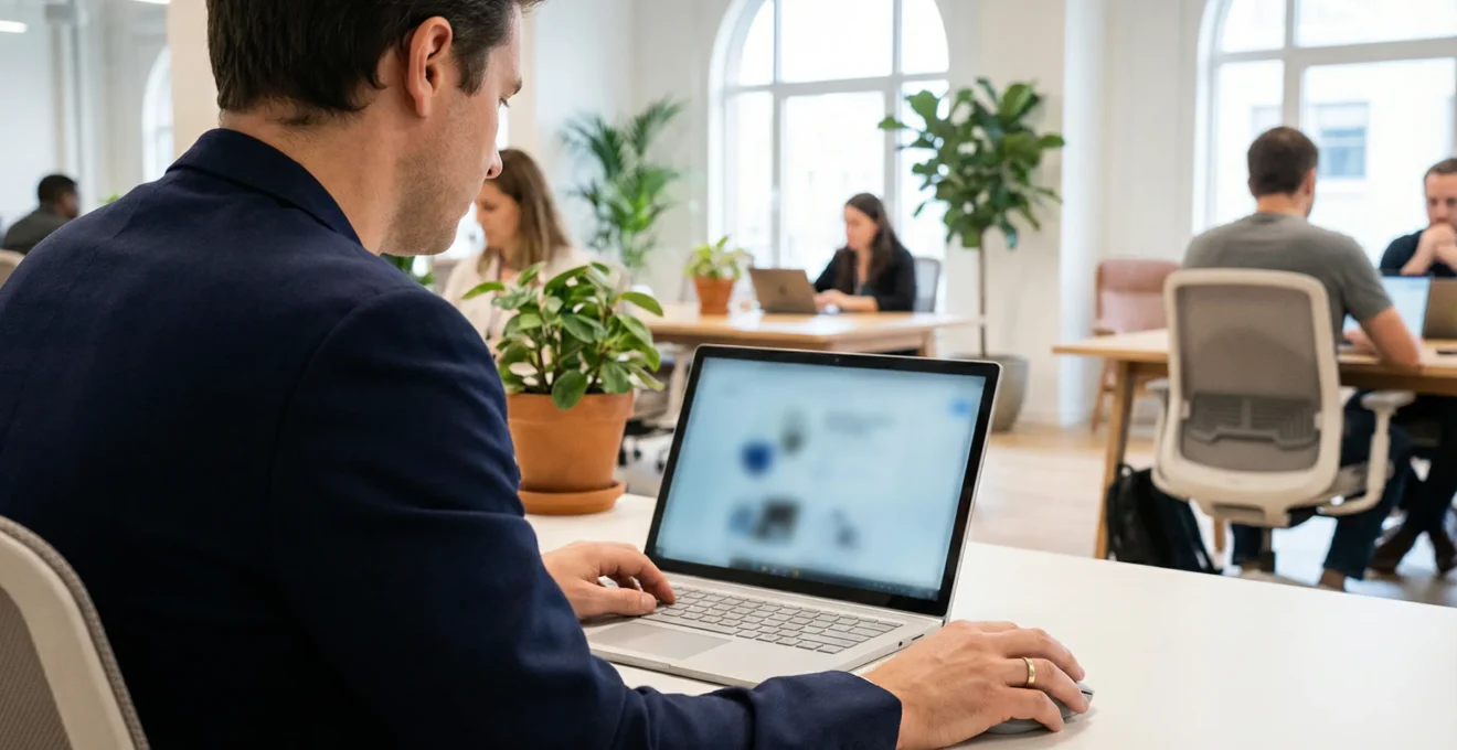 Recruitment consultant reviewing candidate profiles on laptop in contemporary workspace