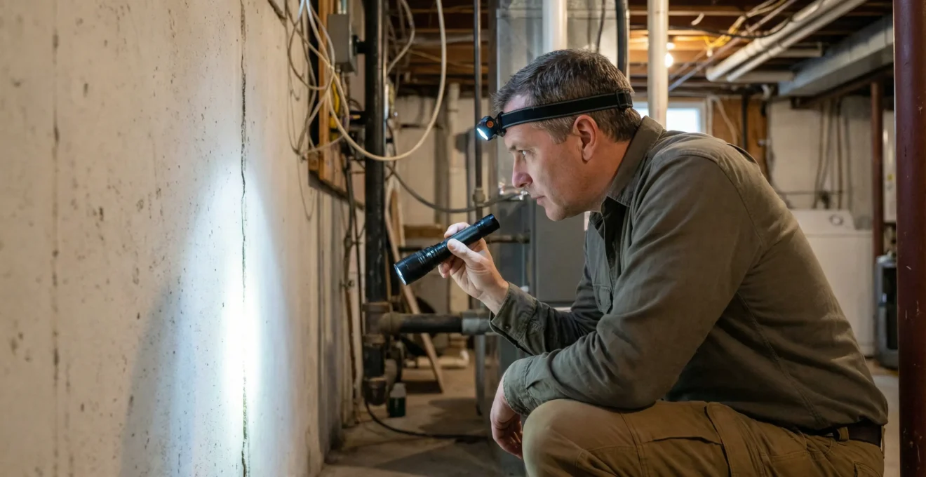 Professional home inspector examining basement foundation wall with flashlight in older Ottawa home