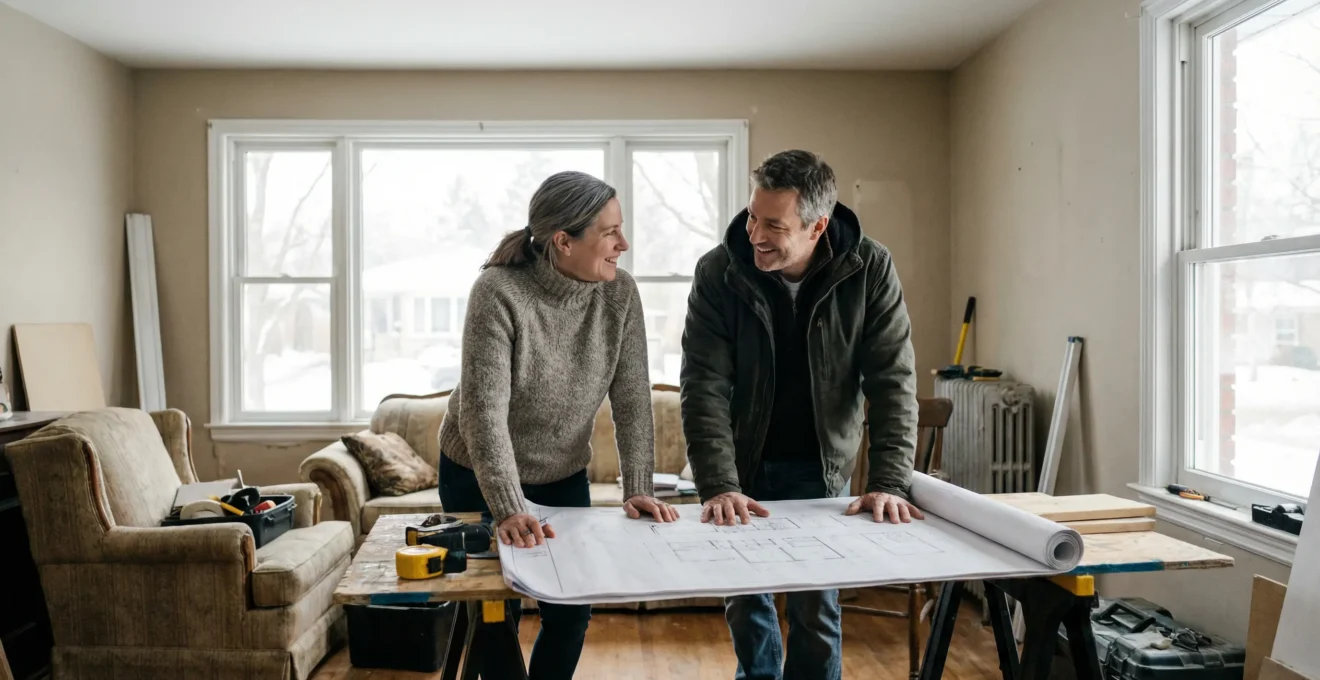 Canadian couple reviewing whole-home renovation plans in partially cleared Ottawa living room