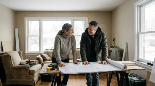 Canadian couple reviewing whole-home renovation plans in partially cleared Ottawa living room