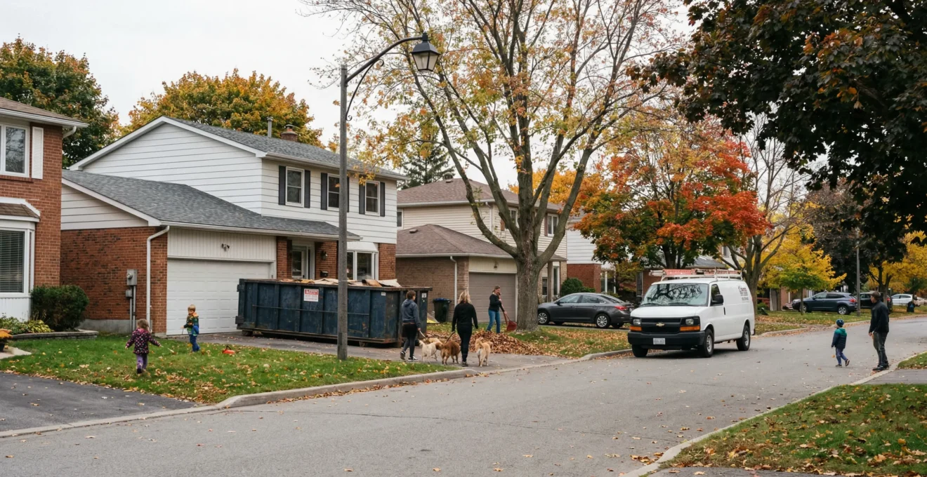 Ottawa residential street in late autumn showing typical 1980s homes with renovation activity signs