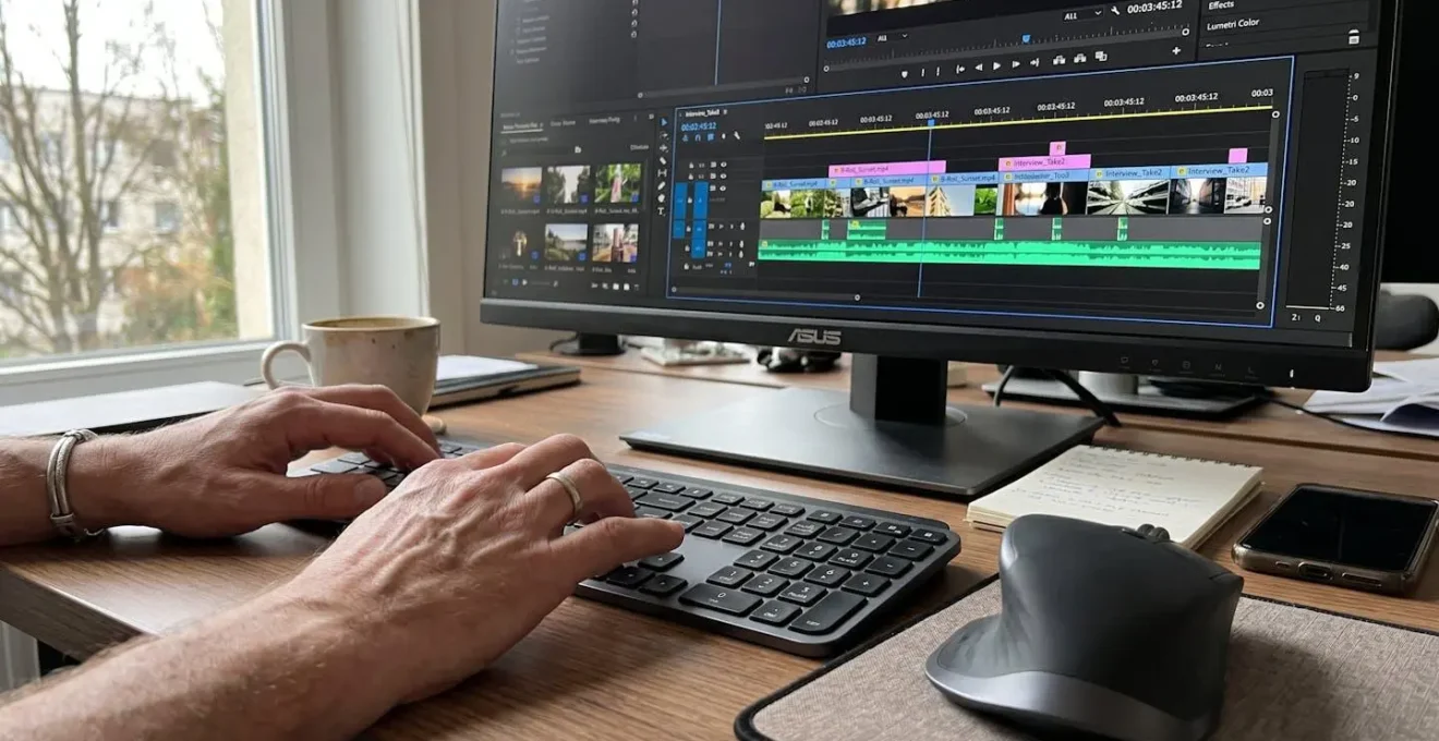 Extreme close-up of hands using a computer mouse and keyboard, with a blurred video editing software timeline interface visible on the monitor