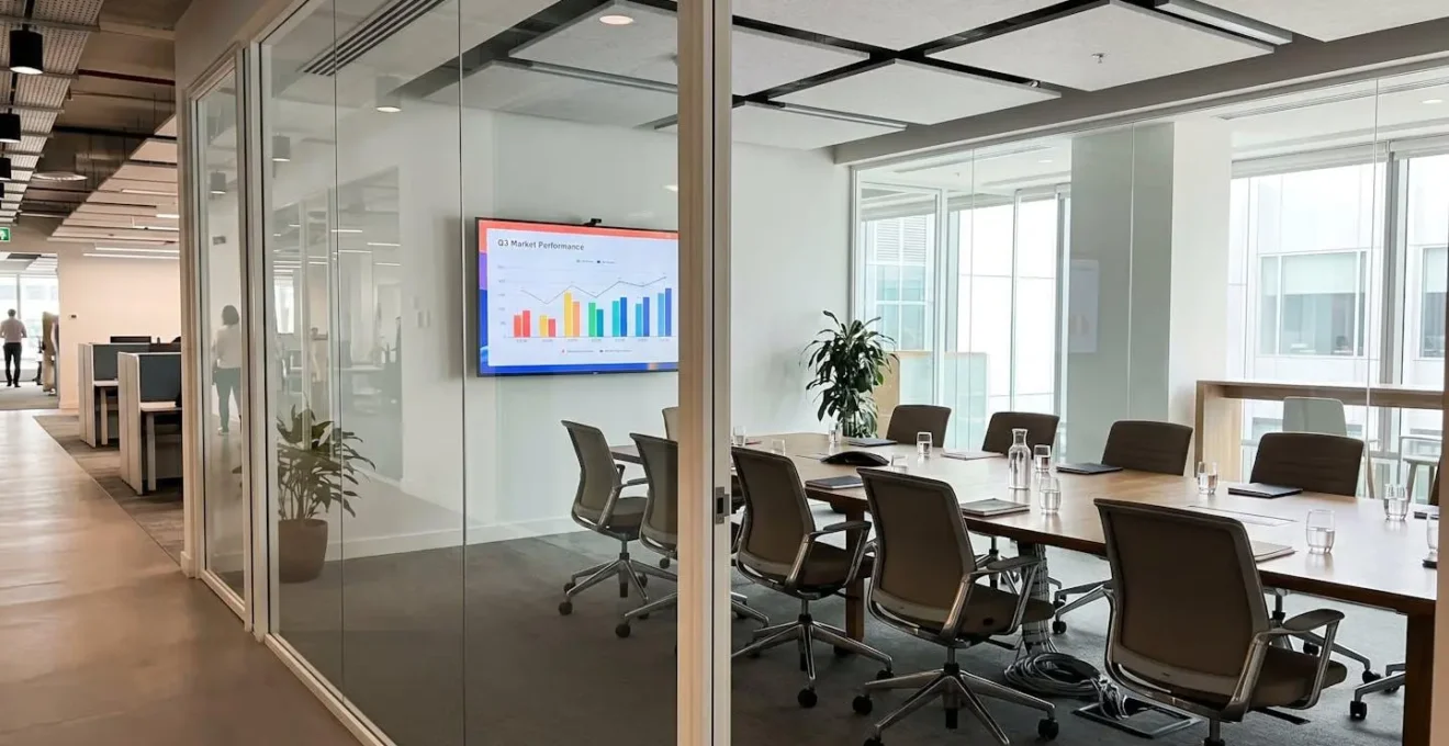 Modern corporate meeting room with glass partition walls and a large presentation display screen, empty chairs around conference table, clean contemporary office design