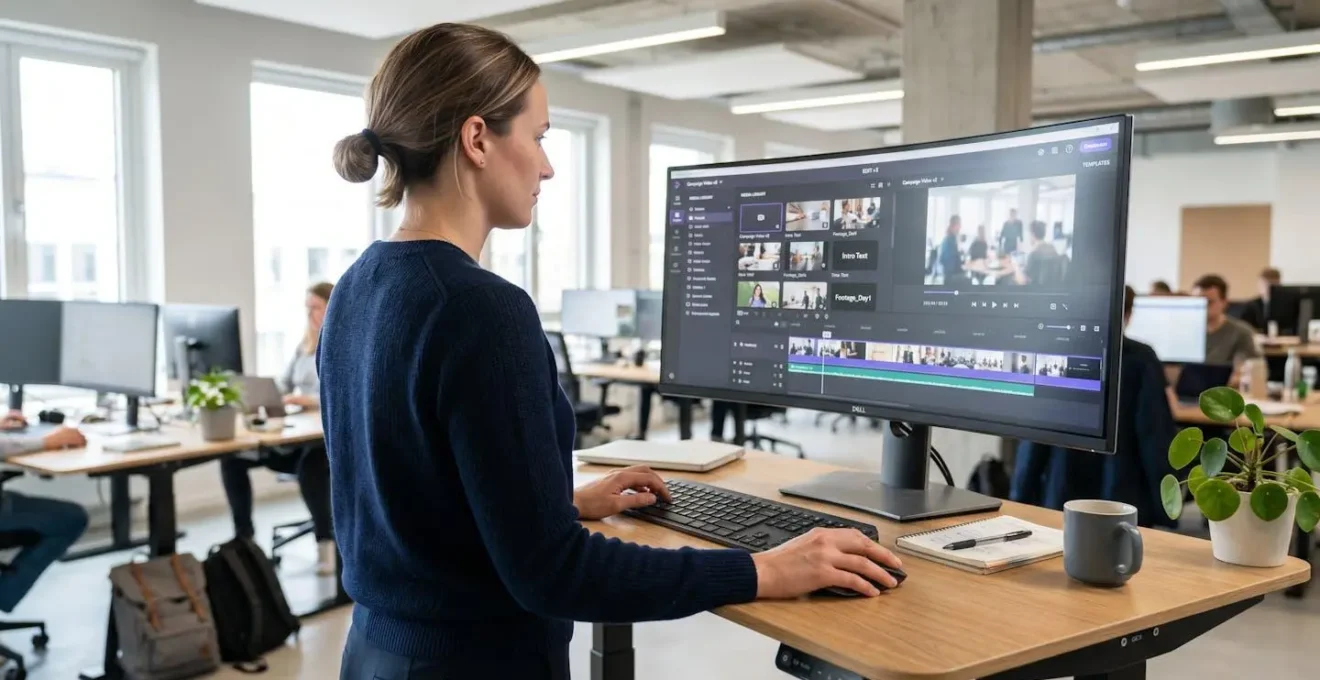 Marketing professional working at a standing desk in a modern office, shown from back or profile view, focused on a computer screen displaying a video creation interface