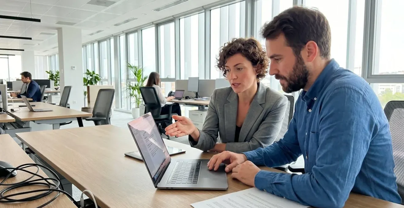 Two marketing professionals collaborate over a laptop in a bright modern office, one pointing at the screen while the other reviews content