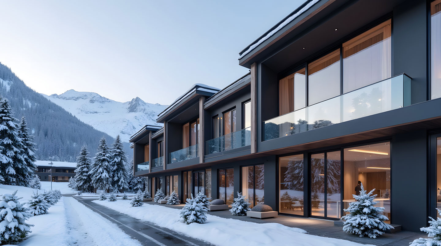 Sunlit ski-in ski-out terrace of a mountain apartment in Courchevel with Les Trois Vallées slopes visible in background