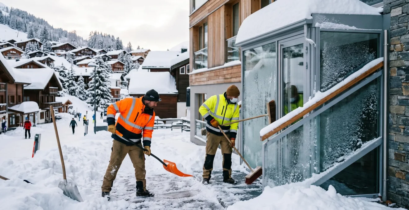 Maintenance team clearing snow from the entrance of a modern alpine residence in a ski resort