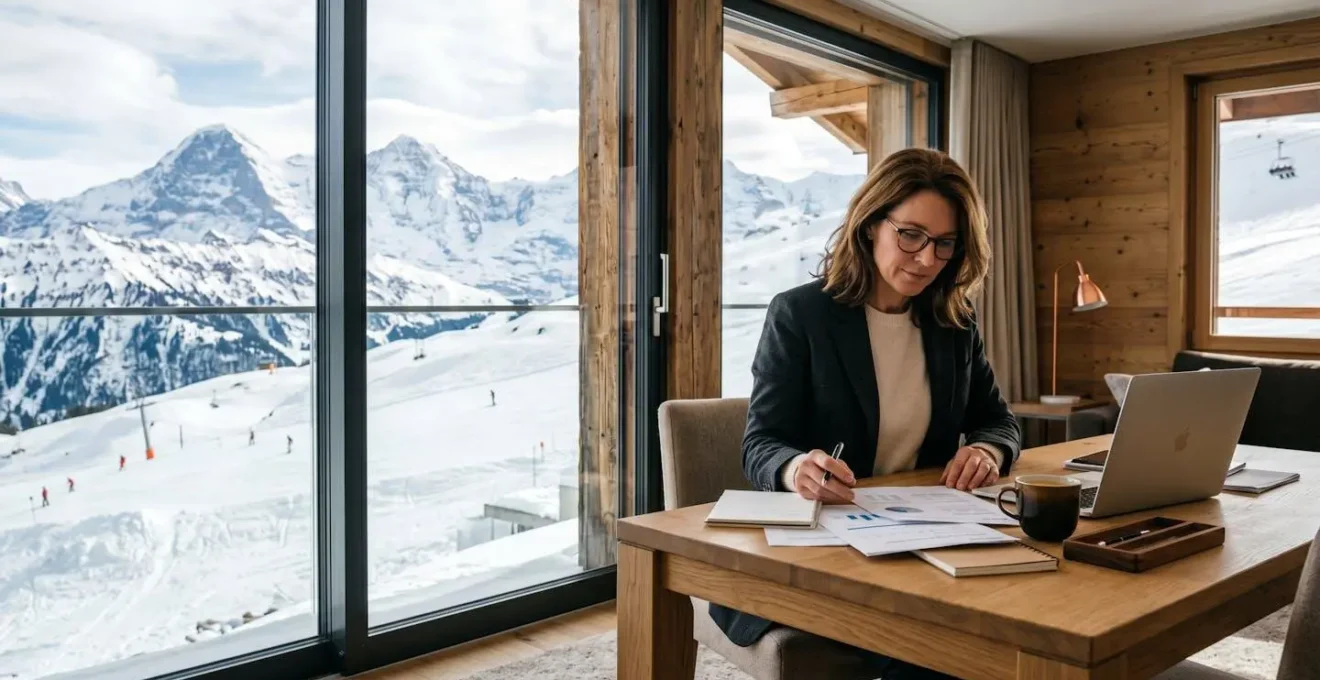 Owner reviewing rental income figures at a mountain apartment window overlooking snowy Courchevel slopes