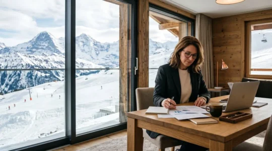 Owner reviewing rental income figures at a mountain apartment window overlooking snowy Courchevel slopes