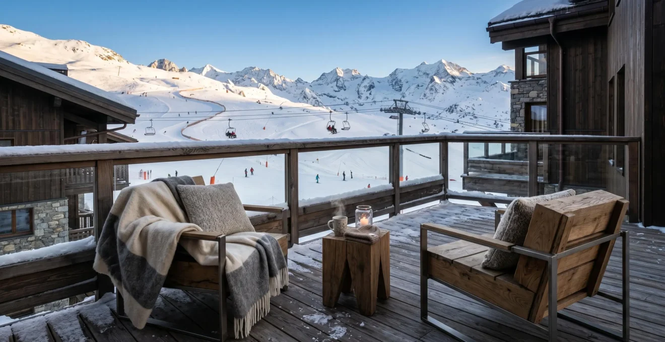 Sunlit ski-in ski-out terrace of a mountain apartment in Courchevel with Les Trois Vallées slopes visible in background
