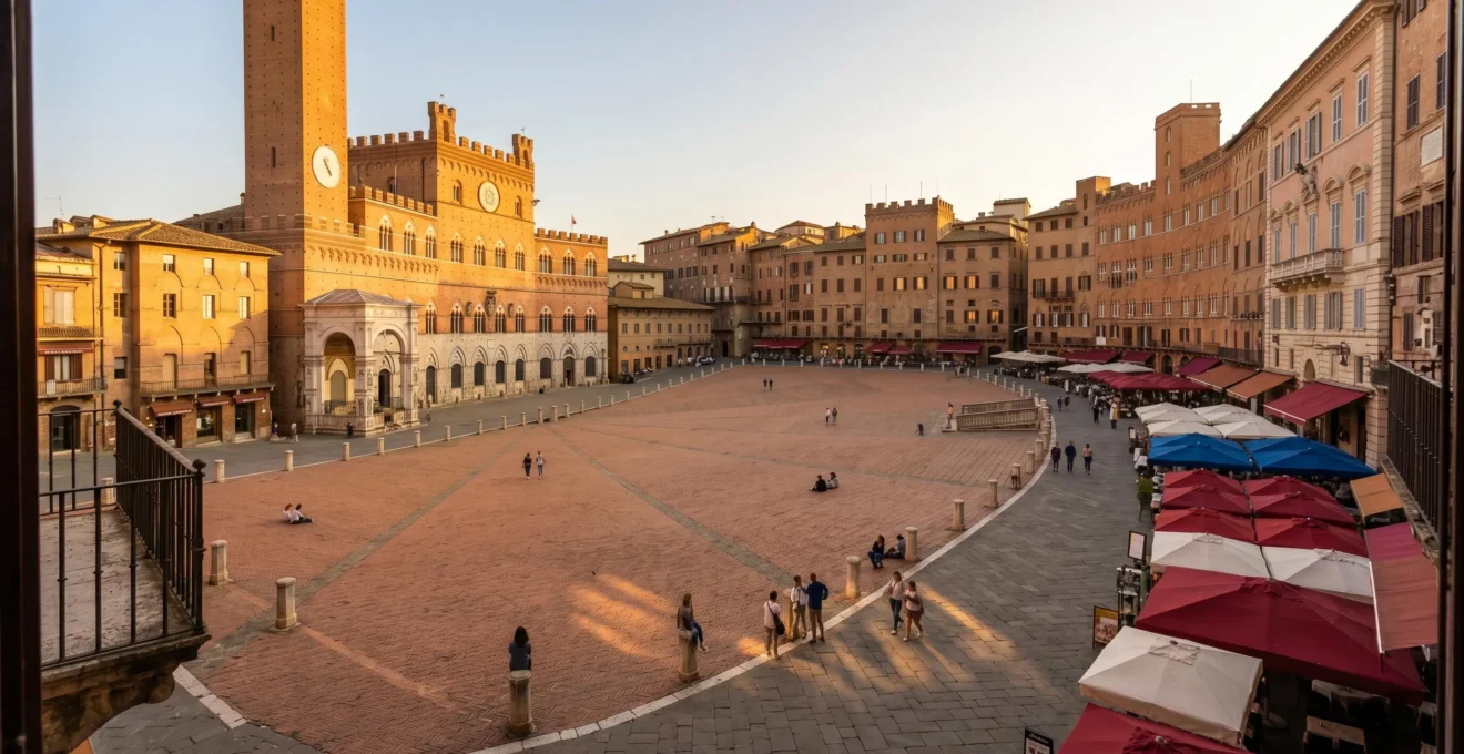 Elevated view of Siena's Piazza del Campo showing the shell-shaped medieval square with sloping terracotta paving, Palazzo Pubblico tower, and visitors scattered across the space in late afternoon light
