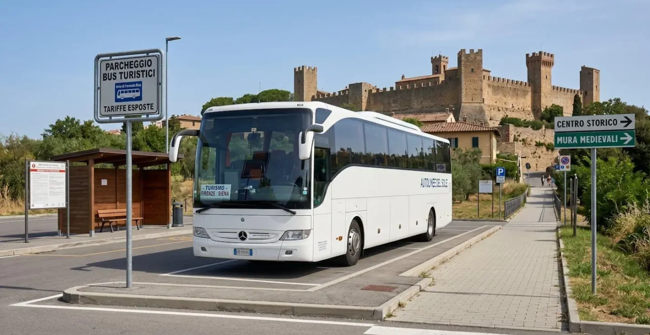 Modern white tourist coach parked at organized parking facility outside a Tuscan medieval town, with walking path visible leading to historic centre walls in background