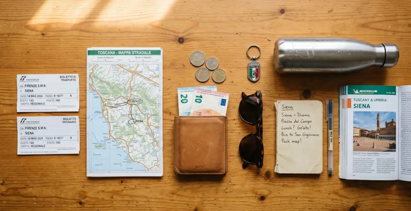 Overhead view of wooden table with organized day-trip essentials including Italian train tickets, Tuscany map, euro cash in wallet, water bottle, guidebook and travel notebook arranged horizontally