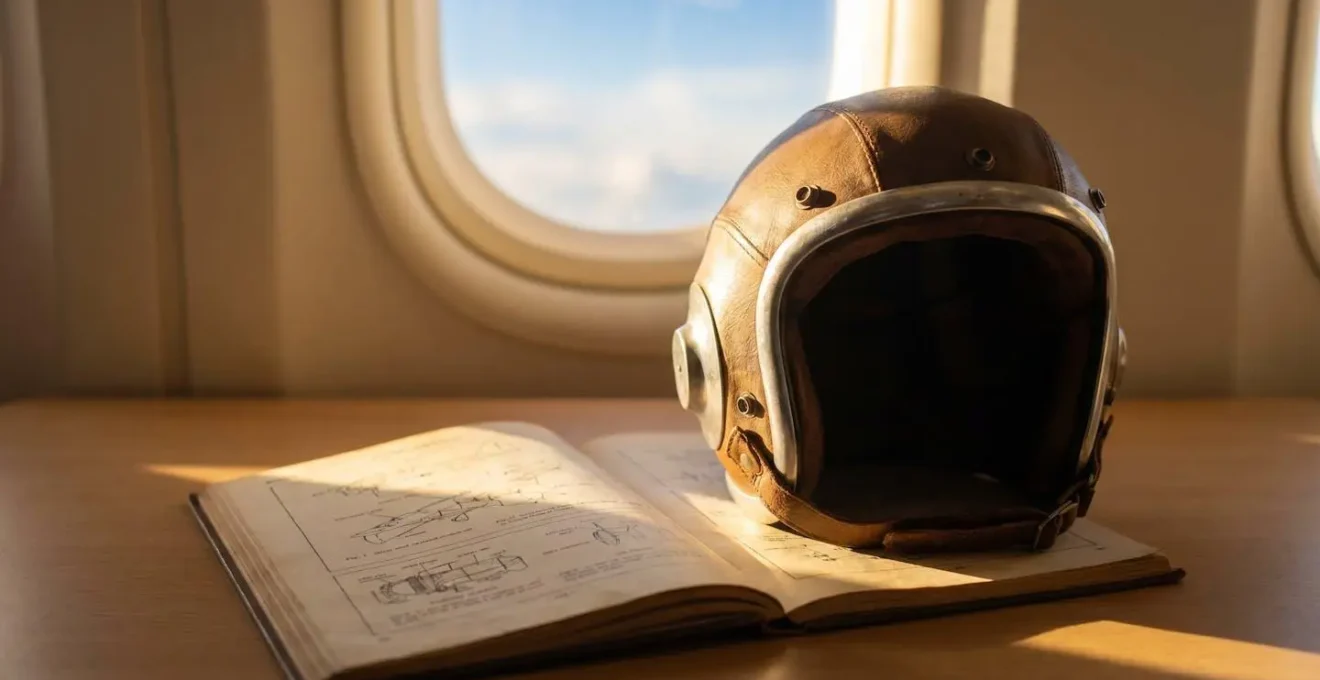 Professional pilot headset on flight logbook with aircraft window light
