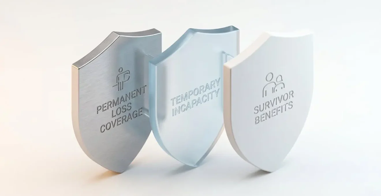 Three interlocking geometric shields in triangular arrangement representing permanent loss, temporary incapacity, and survivor benefit coverage types in pilot insurance