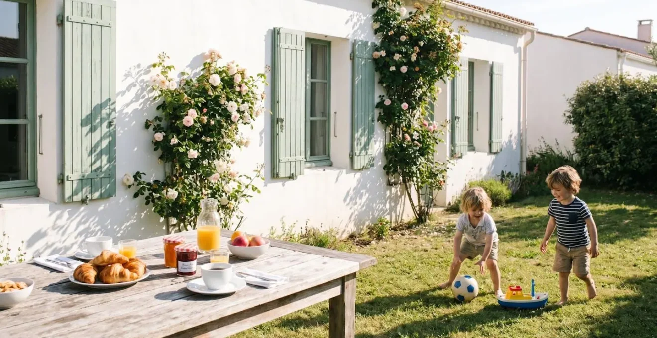 Spacious enclosed garden of a family villa on Île de Ré with outdoor furniture and children's play area