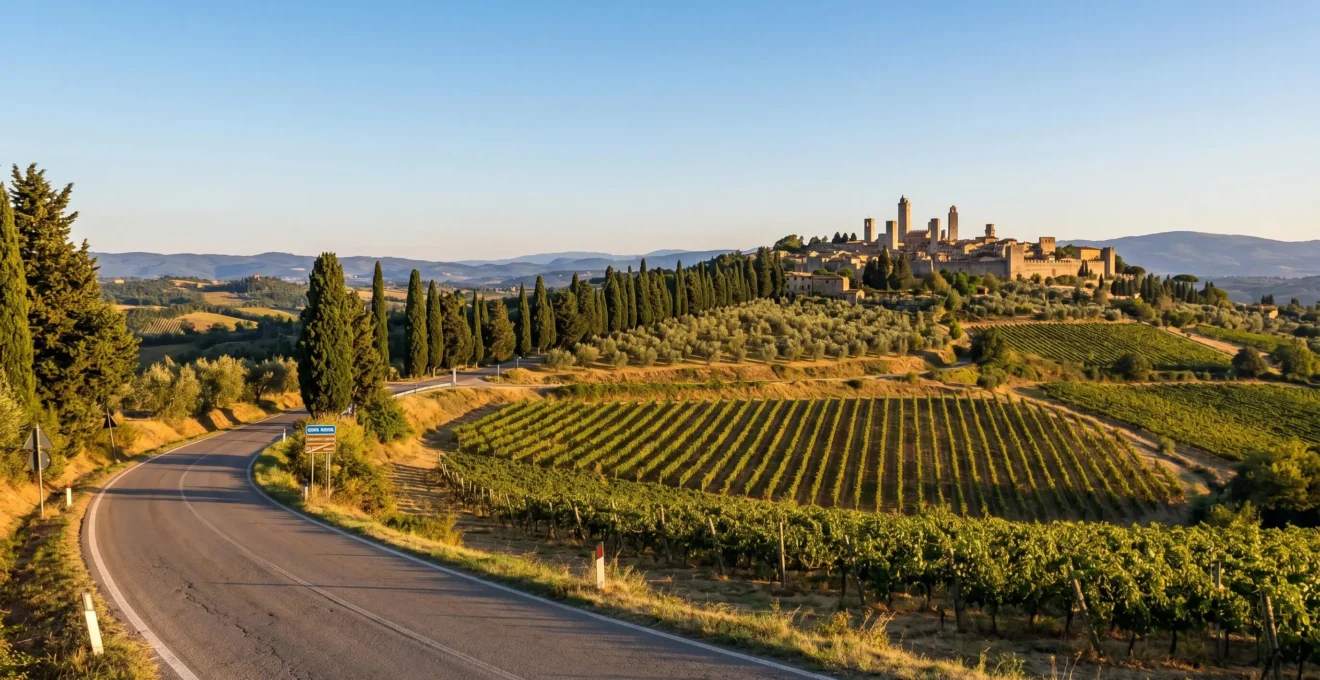 Wide Tuscan landscape showing rolling hills with cypress trees, vineyard terraces, and a medieval hilltop town visible in the distance under warm afternoon light