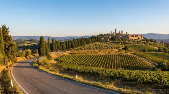 Wide Tuscan landscape showing rolling hills with cypress trees, vineyard terraces, and a medieval hilltop town visible in the distance under warm afternoon light
