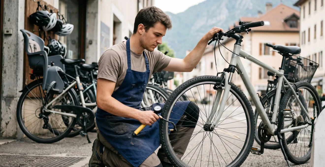 A bike rental employee kneeling and checking the tyre of a hire bike outside a shop in Annecy.