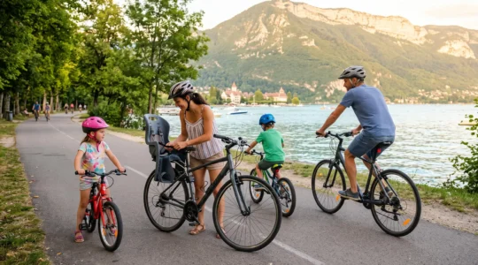 A family of four setting off on hired bikes along the lakeside greenway in Annecy on a summer morning.