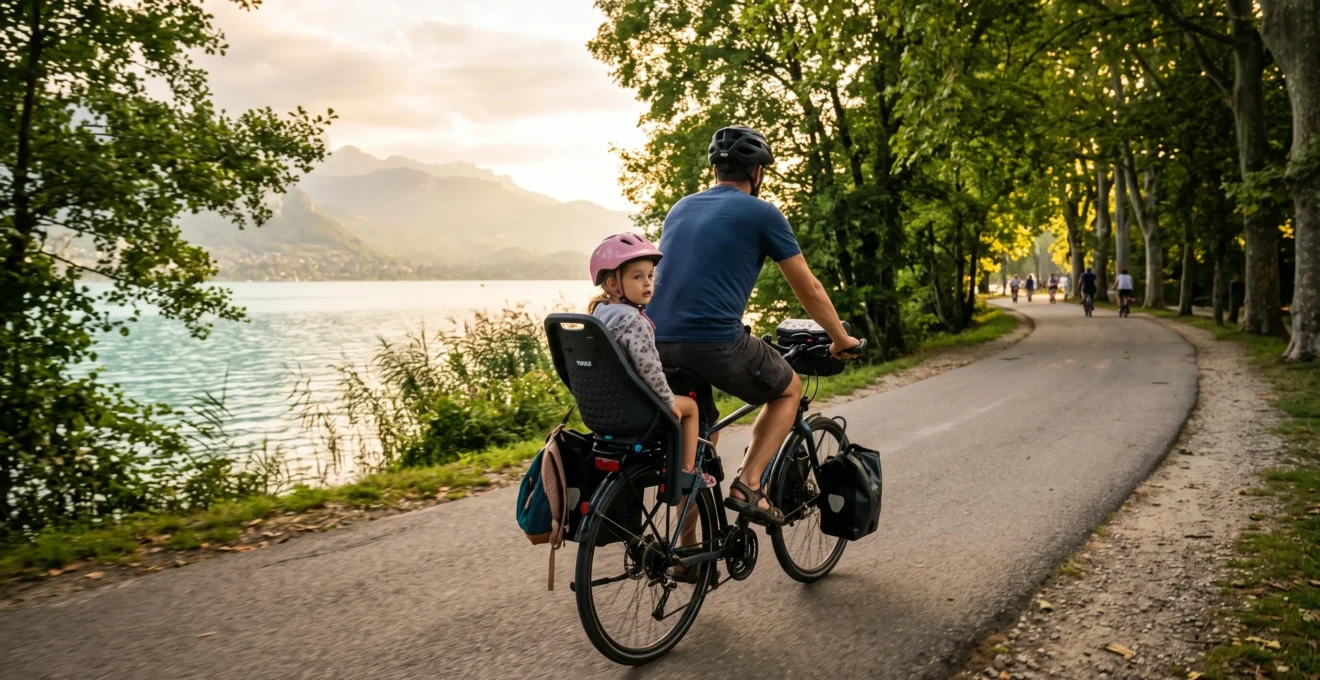A father cycling with a child in a rear seat on the tree-lined greenway beside Lake Annecy.
