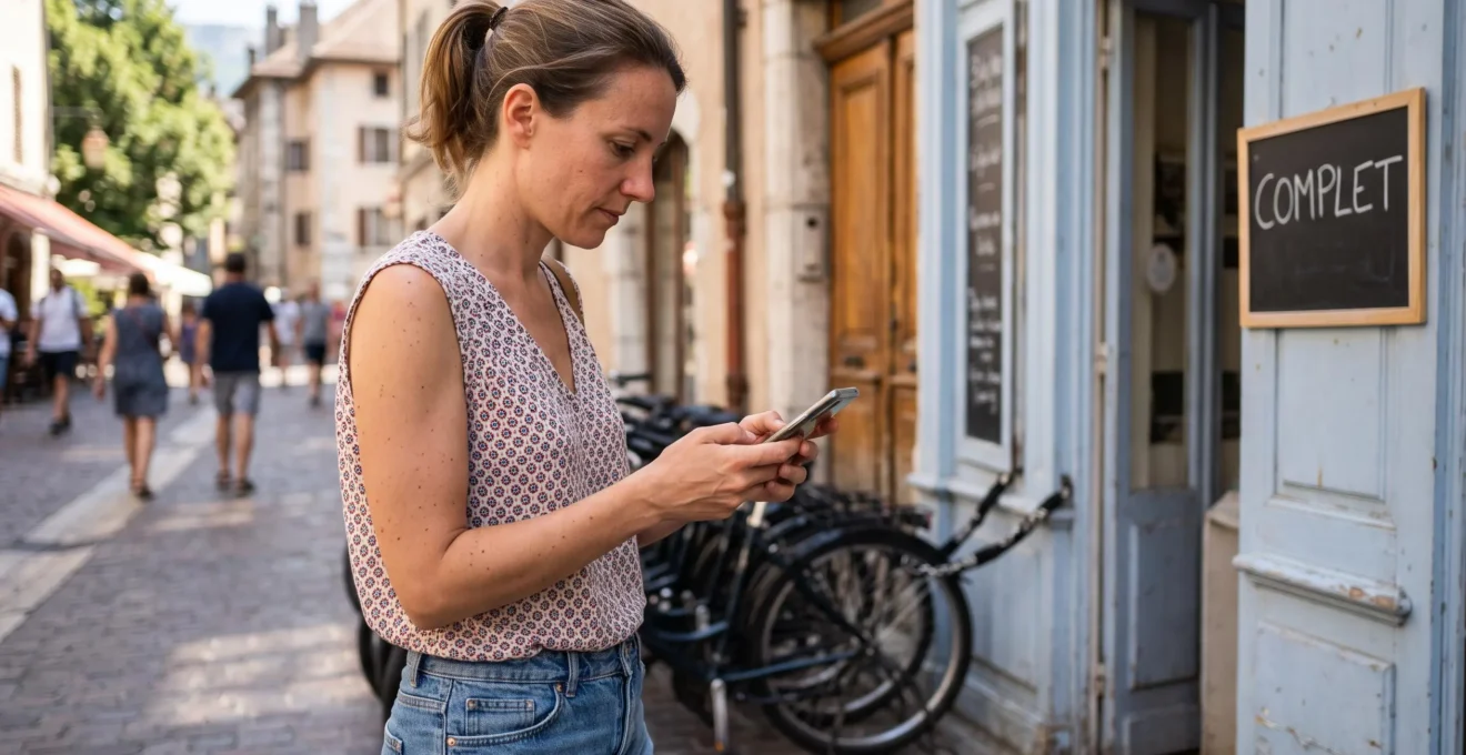 A woman booking a bike hire on her smartphone outside a rental shop with a full sign in the background.